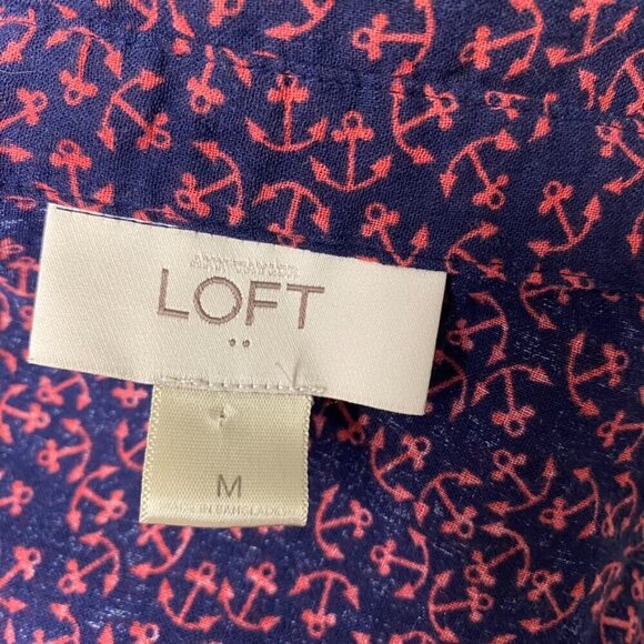 LOFT 100% Cotton Navy Pink Anchor Button Up Long Sleeve Nautical Top Size M - Picture 5 of 6